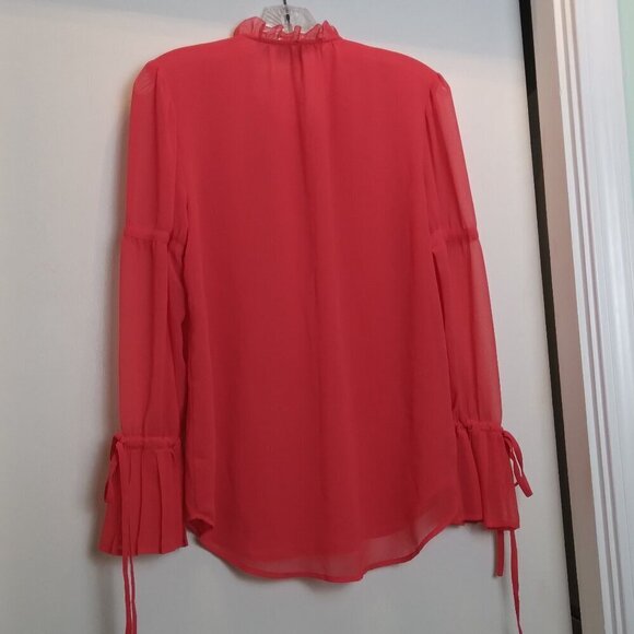 Romantic Red Ruffled Collar Long Sleeve Banded Pleated Cuff Flowy TunicTop SzS - Picture 10 of 11